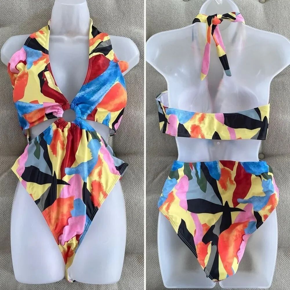 NEW SHEIN Colorful Abstract One Piece Keyhole Cutout Swimsuit 4XL